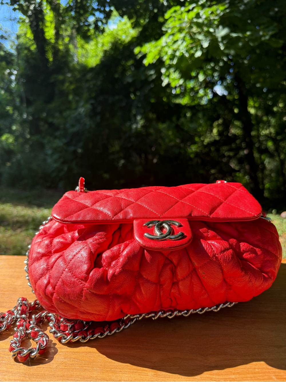 CHANEL Red Quilted Lambskin Ruched Shoulder Bag with Silver Chain